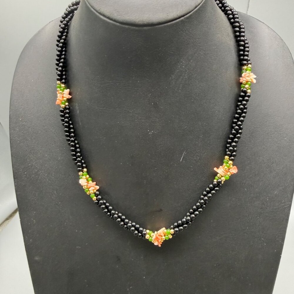 Handmade Black Beaded Necklace With Multicolor Floral Accents Approx 20-21"